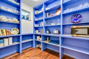 Walk-in pantry with blue shelves holding dishes, glassware, a toaster, a microwave, books, and kitchen items.