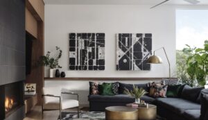 Modern living room with black sectional sofa, gold accents, abstract art, plants, and a lit fireplace on the left.