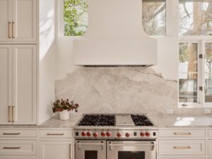 Modern kitchen with marble backsplash, stainless steel stove, white cabinets, and a potted plant on the counter.