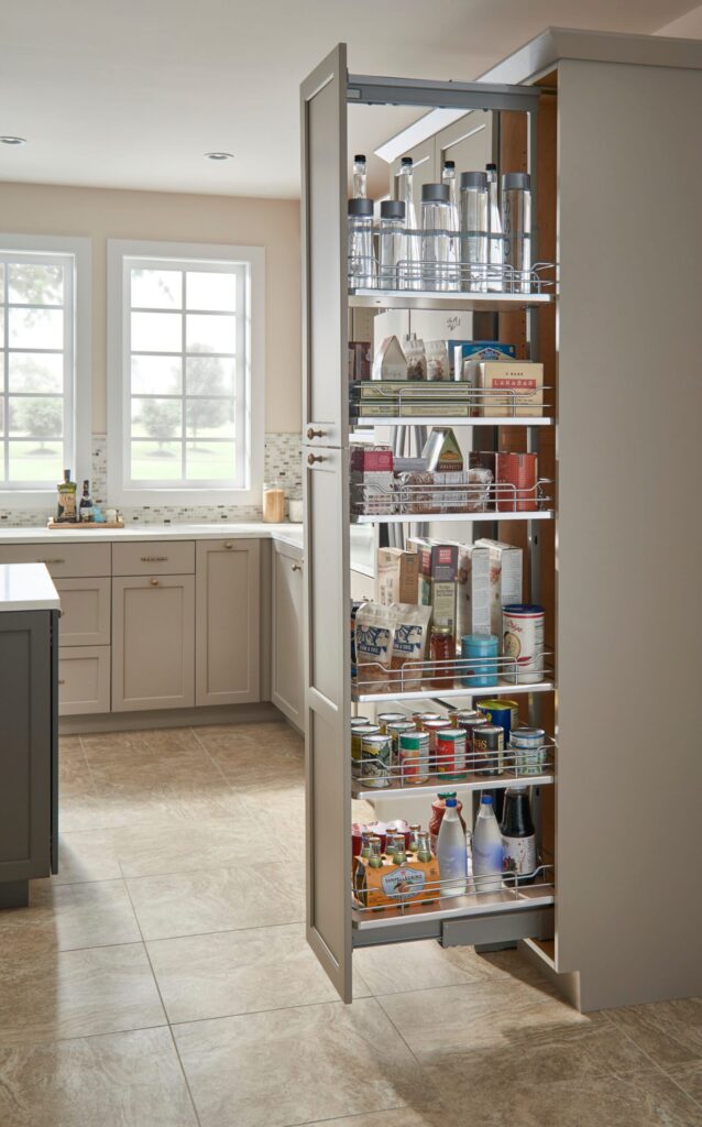 Tall pantry cabinet with pull-out shelves organized with various food items, bottles, and containers in a kitchen.
