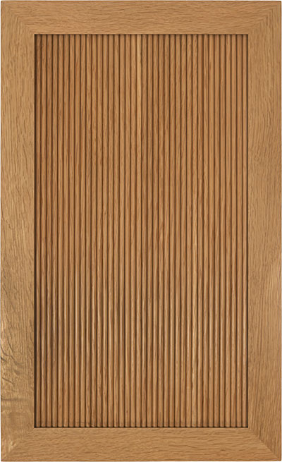 Rectangular wooden cabinet door with vertical grooves in the center and a smooth outer border.