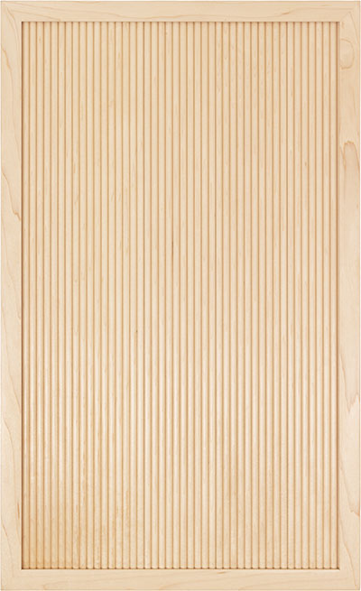 Light wood panel door with vertical grooves, framed by a flat border, shown against a plain background.
