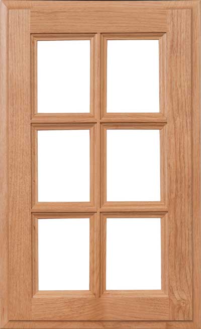 A wooden window frame with six rectangular glass panes, arranged in two columns and three rows.