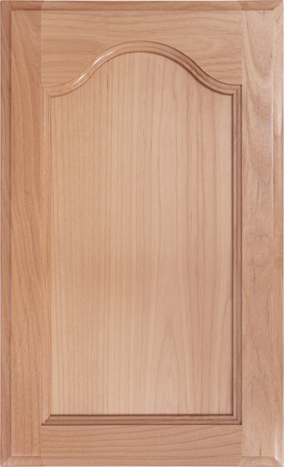 Light brown wooden cabinet door with a raised arched panel and simple, smooth edges.