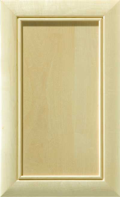 Light wood cabinet door with a rectangular raised panel and a simple, narrow groove border design.