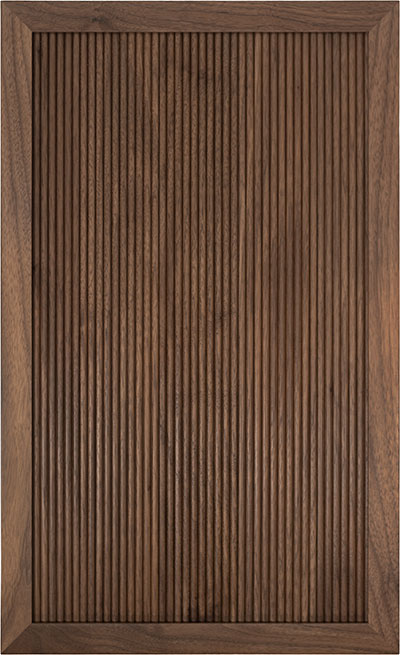 Rectangular wooden panel with vertical grooves and a smooth frame along the edges, in a dark brown finish.