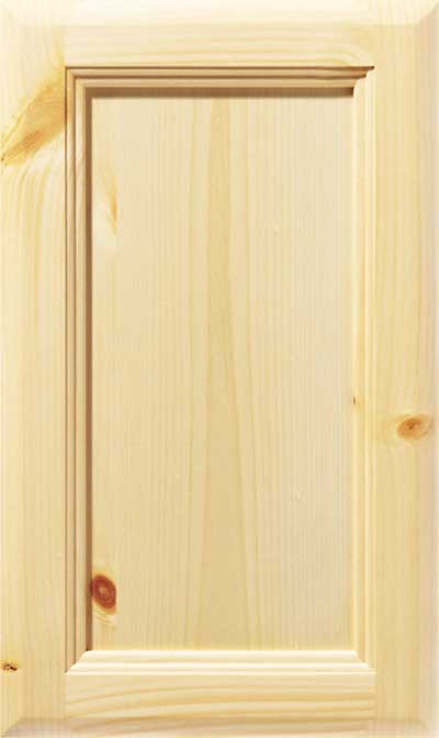 Light-colored wooden cabinet door with a rectangular recessed panel and visible wood grain patterns.