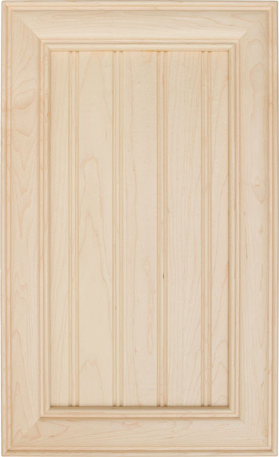 Light-colored wooden cabinet door with vertical grooves and a raised rectangular border.