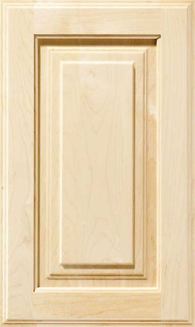 Rectangular, light wood cabinet door with raised panel design and simple beveled edges.